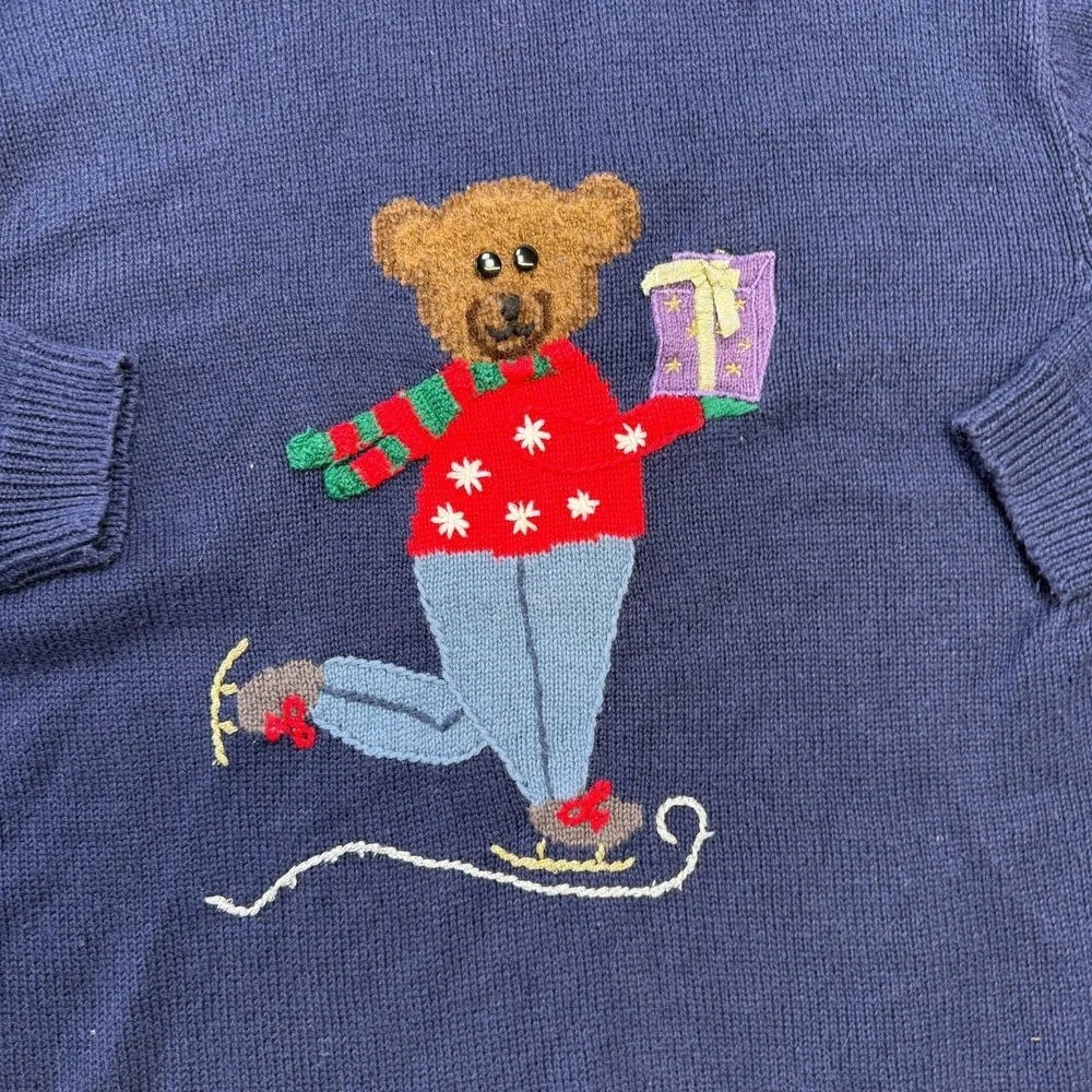 VTG Christmas Sweater Womens Large Blue Teddy Bear‎ Skating Roll Neck 90s Party